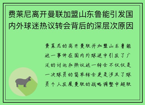 费莱尼离开曼联加盟山东鲁能引发国内外球迷热议转会背后的深层次原因