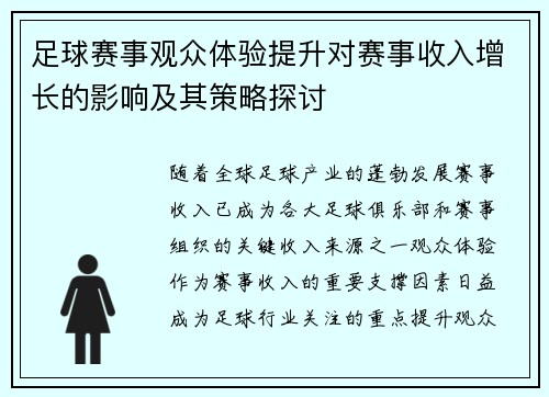 足球赛事观众体验提升对赛事收入增长的影响及其策略探讨