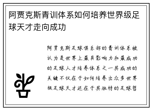 阿贾克斯青训体系如何培养世界级足球天才走向成功