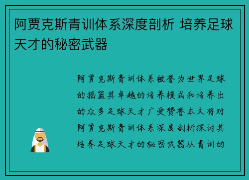 阿贾克斯青训体系深度剖析 培养足球天才的秘密武器